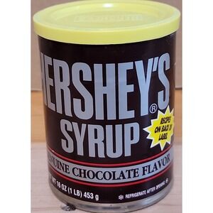 Hersheys Syrup Genuine Chocolate Flavor full Tin 16 oz Net Wt Recipes Yellow Lid